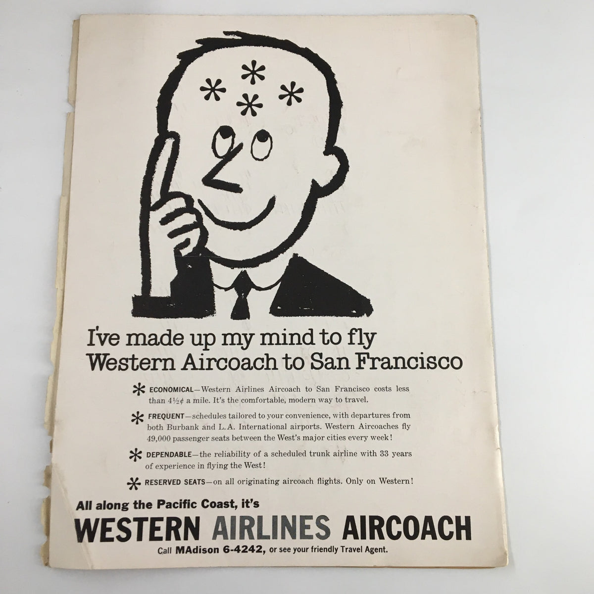 Vintage advertisement from the December 28, 1959 NCAA UCLA vs Michigan Basketball Classic Official Program featuring a cartoon character promoting Western Airlines Aircoach service to San Francisco.