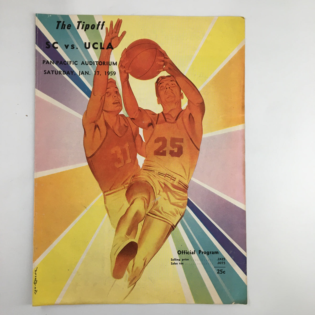 January 17 1959 NCAA Basketball SC vs UCLA official program cover titled 'The Tipoff,' featuring colorful artwork of players in action at the Pan Pacific Auditorium.