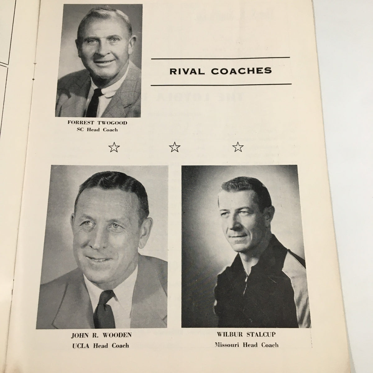 December 21 1956 NCAA Basketball UCLA vs Missouri Official Program page featuring photos of rival coaches Forrest Twogood and John R. Wooden.