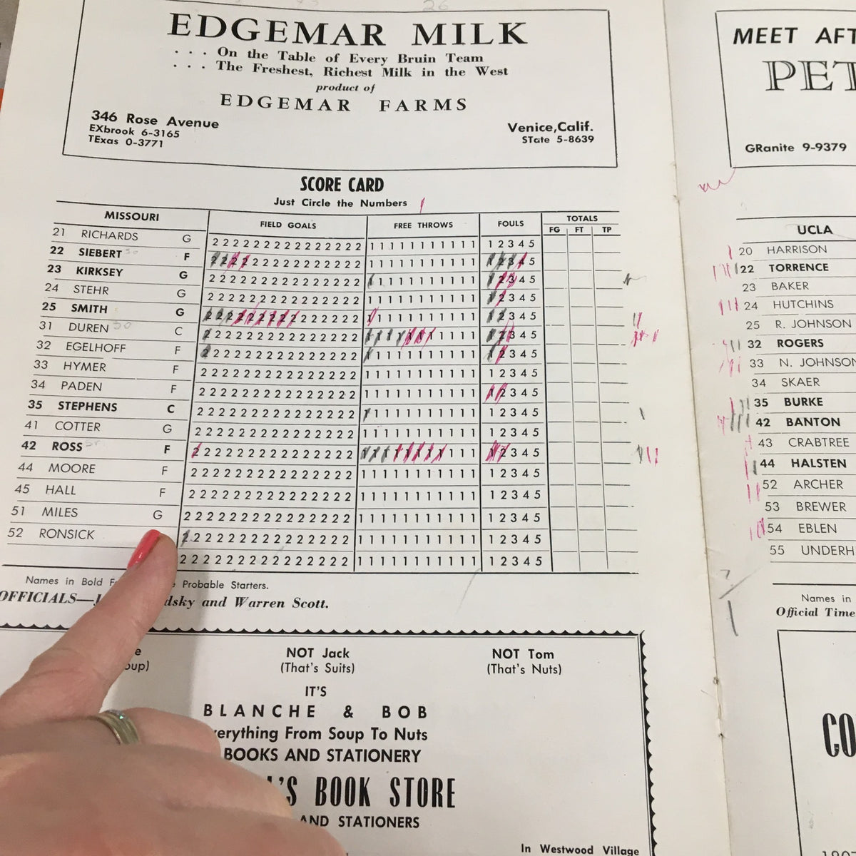 December 21 1956 NCAA Basketball UCLA vs Missouri Official Program scorecard page detailing player performances for Missouri team scored by Edgemar Milk.