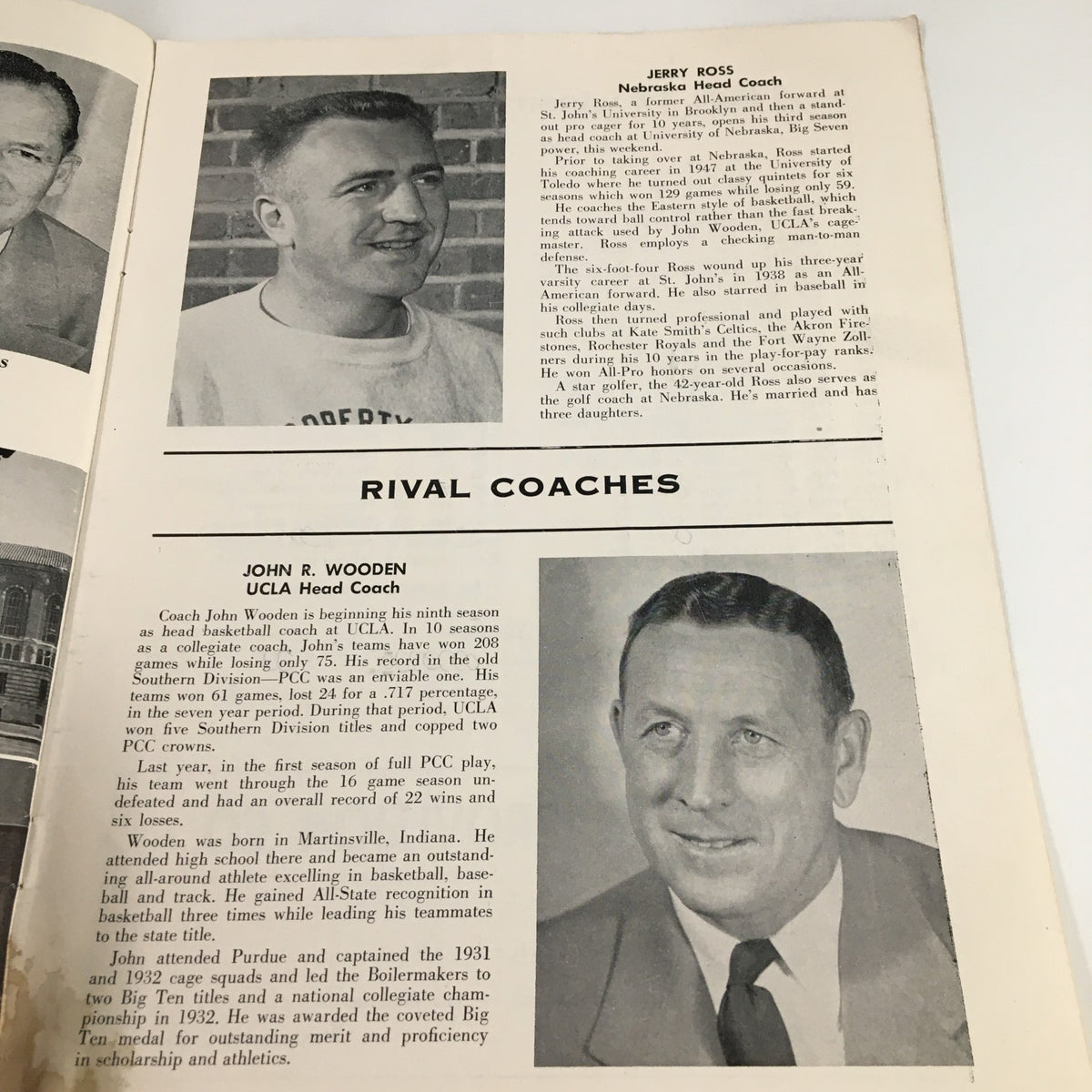 Inside page of the December 1 1956 NCAA Basketball Nebraska vs UCLA The Hoop Official Program featuring profiles of rival coaches Jerry Ross and John R. Wooden.