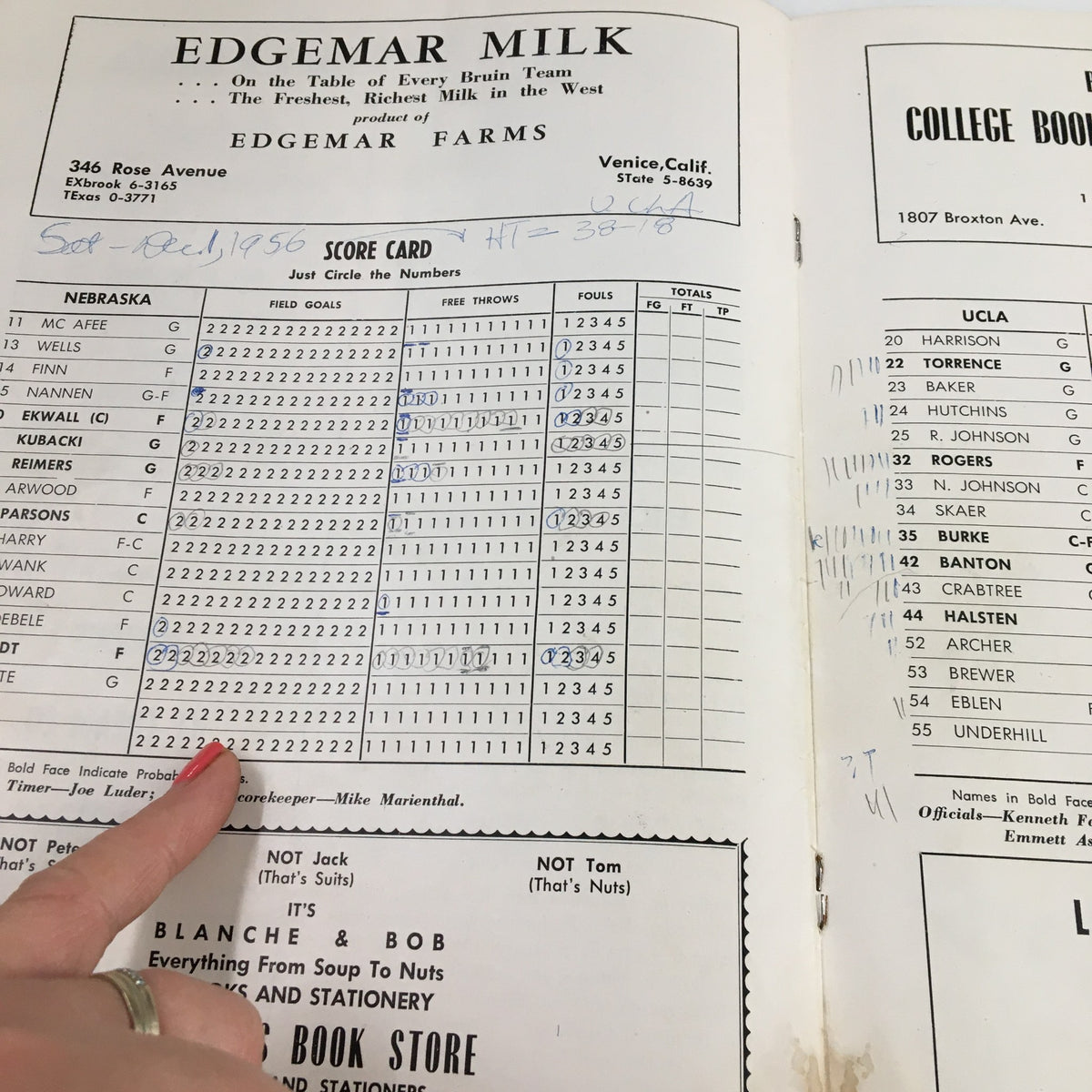 Scorecard for the Nebraska team found in the December 1 1956 NCAA Basketball Nebraska vs UCLA The Hoop Official Program, detailing player statistics.