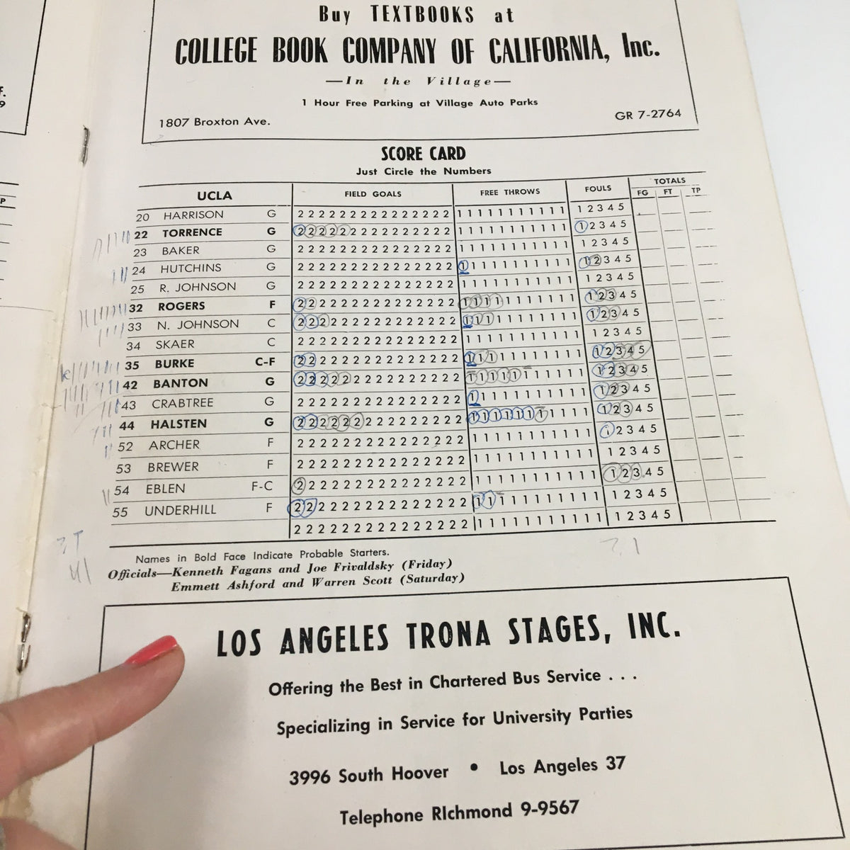 Scorecard for the UCLA team featured in the December 1 1956 NCAA Basketball Nebraska vs UCLA The Hoop Official Program, highlighting player statistics.
