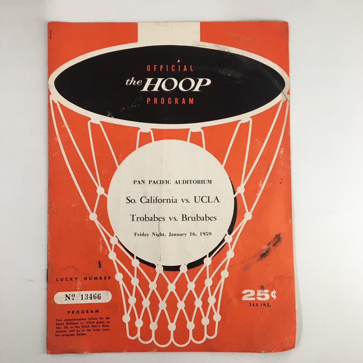 January 16 1959 NCAA Basketball Program cover showcasing the matchup between Southern California and UCLA, featuring a vibrant design with a basketball hoop.