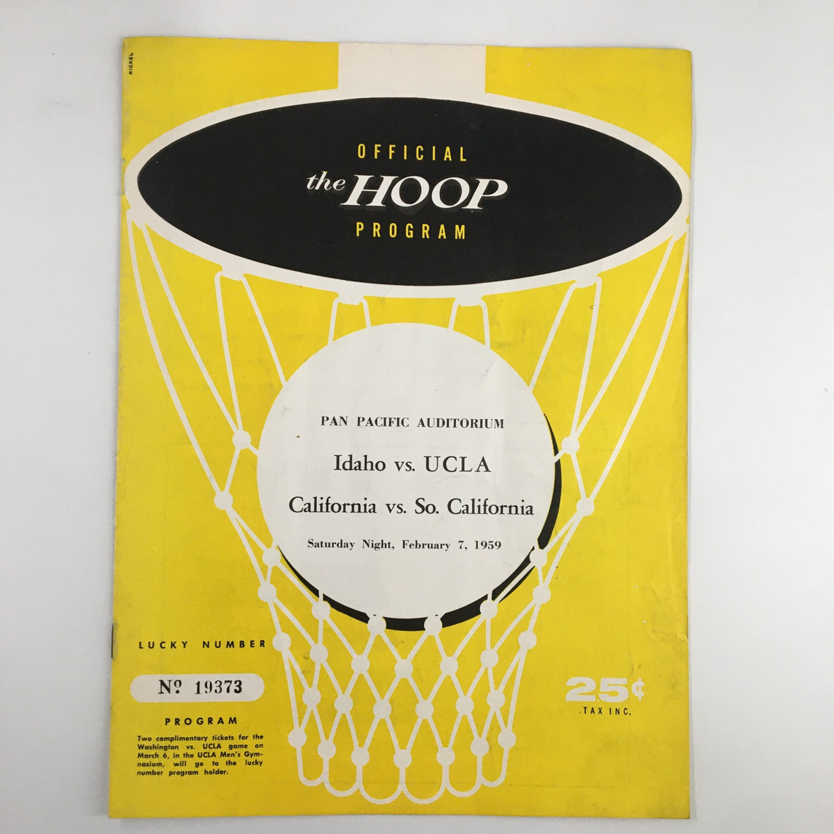 Official program cover for the February 7, 1959 NCAA Basketball game Idaho vs UCLA, featuring a basketball hoop graphic.