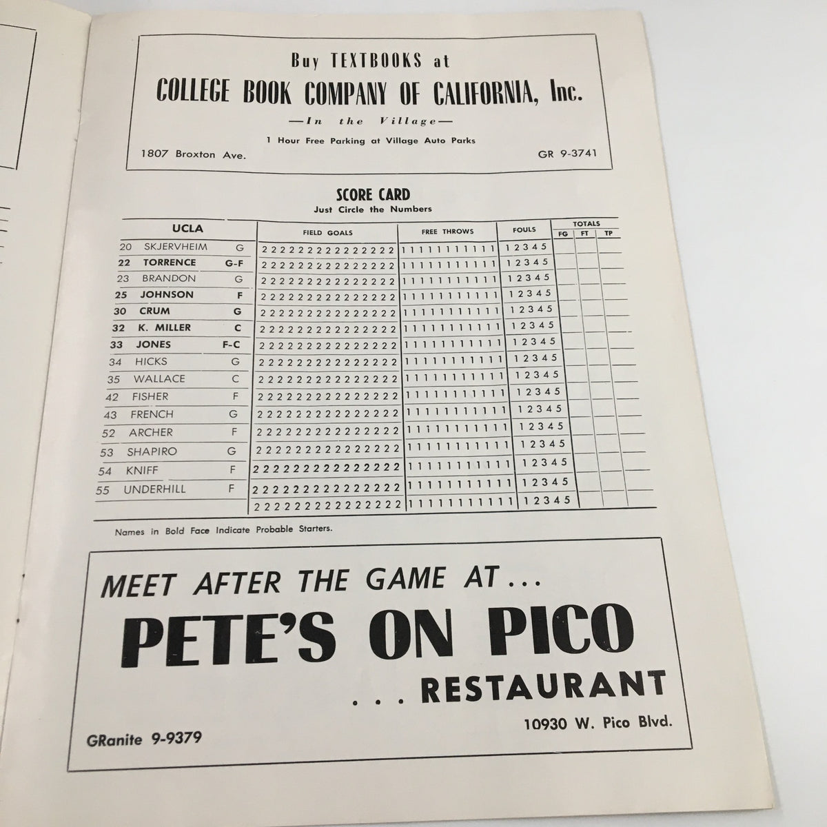 Scorecard from the February 7, 1959 NCAA Basketball game between Idaho vs UCLA, featuring player stats and scoring records.