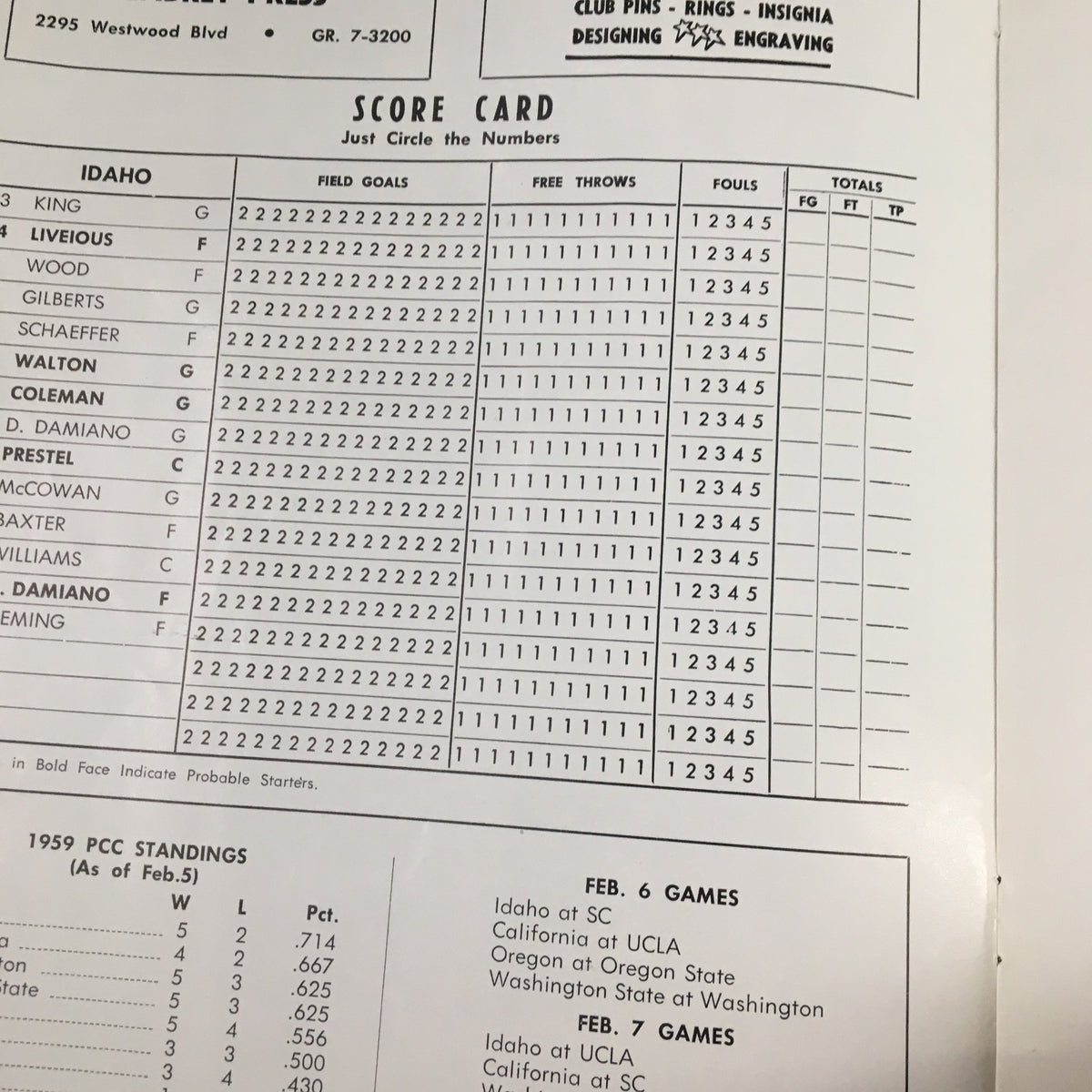 Score card detailing player statistics for Idaho during the February 7, 1959 NCAA Basketball game against UCLA.