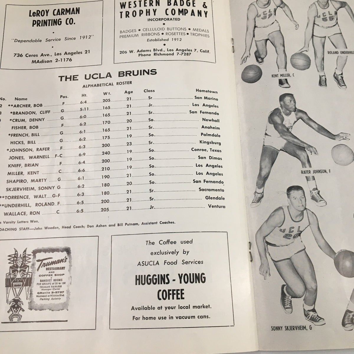 Roster and player details for the UCLA Bruins as presented in the February 7, 1959 NCAA Basketball program.