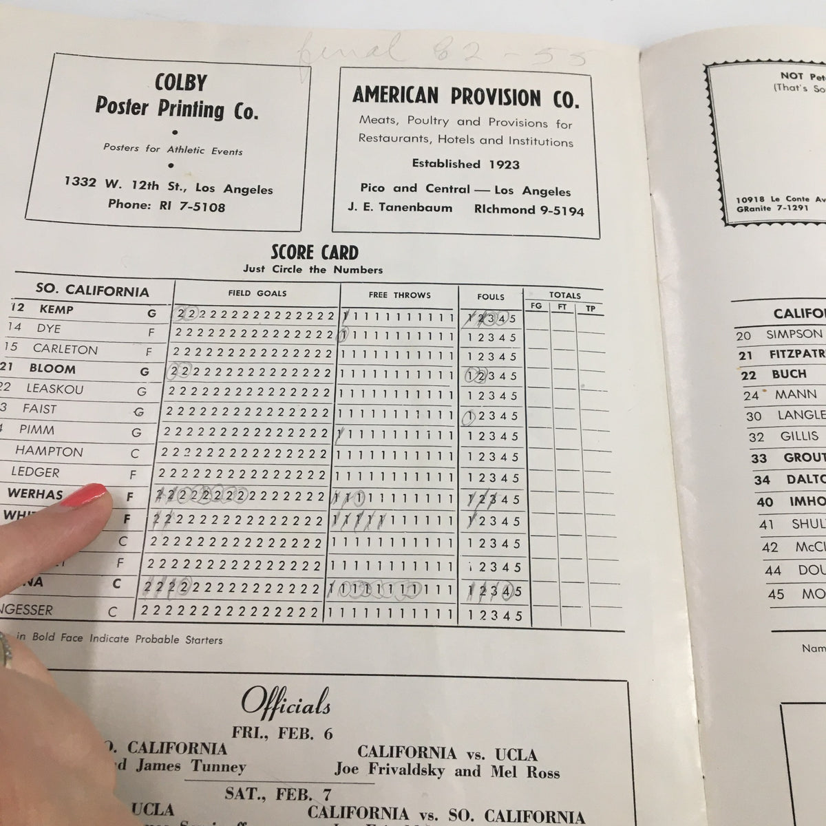 Scorecard from the February 7, 1959 NCAA Basketball game between Idaho and UCLA in the official program showing player statistics.