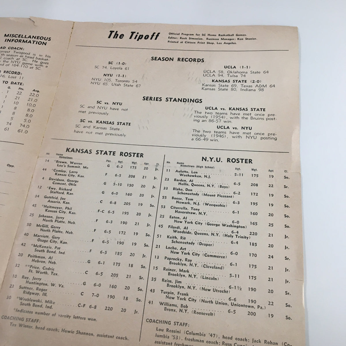 Roster details for Kansas State and N.Y.U. in December 9 1954 NCAA Basketball UCLA vs Kansas State The Tipoff Official Program.