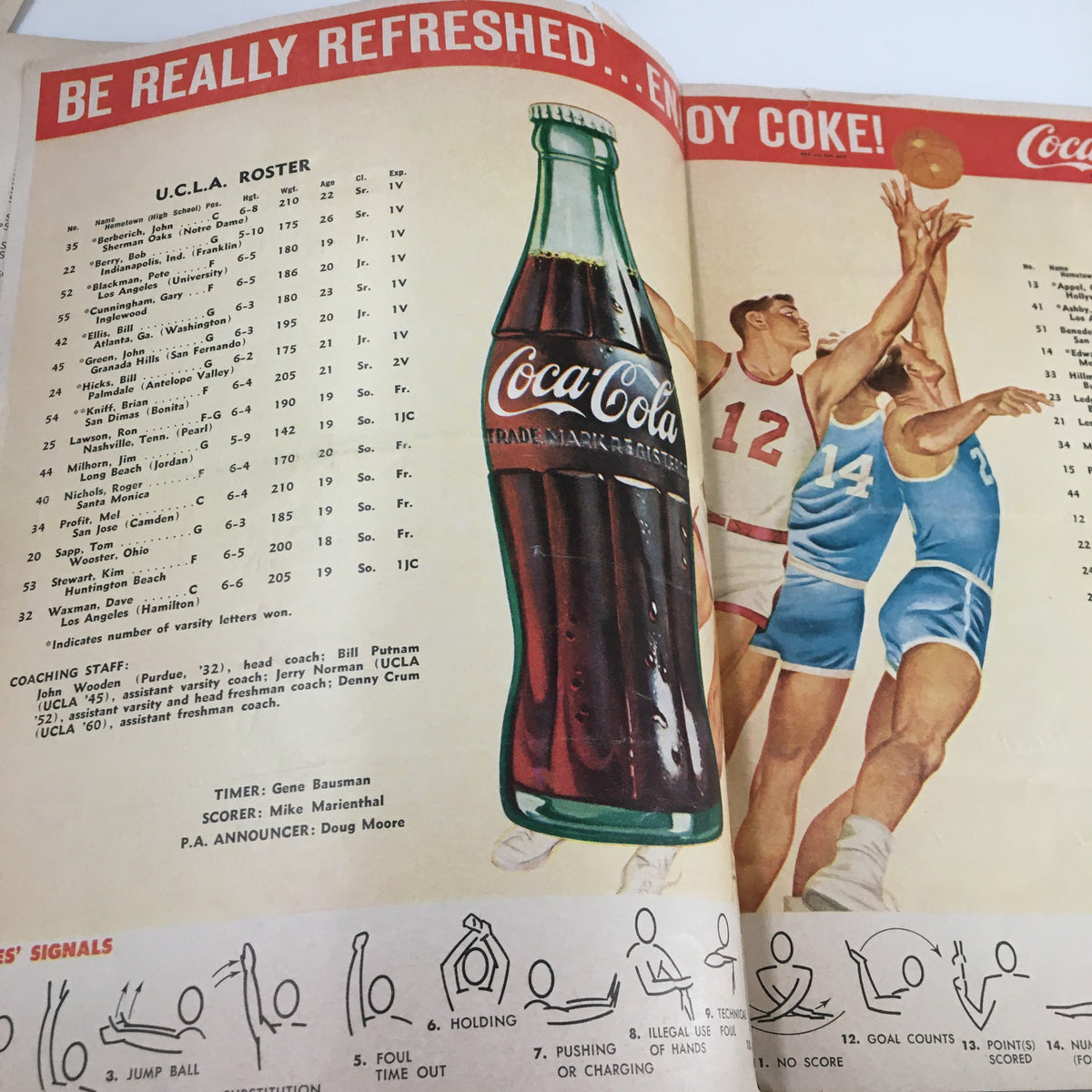 UCLA roster page featuring a vintage Coca-Cola advertisement in December 9 1954 NCAA Basketball UCLA vs Kansas State The Tipoff Official Program.