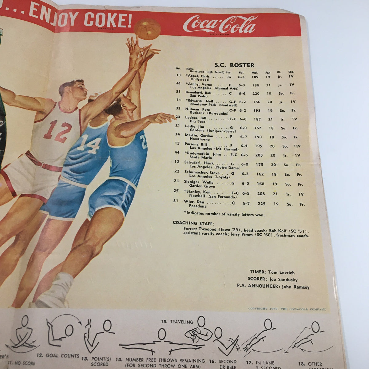 S.C. roster information alongside a Coca-Cola advertisement in December 9 1954 NCAA Basketball UCLA vs Kansas State The Tipoff Official Program.