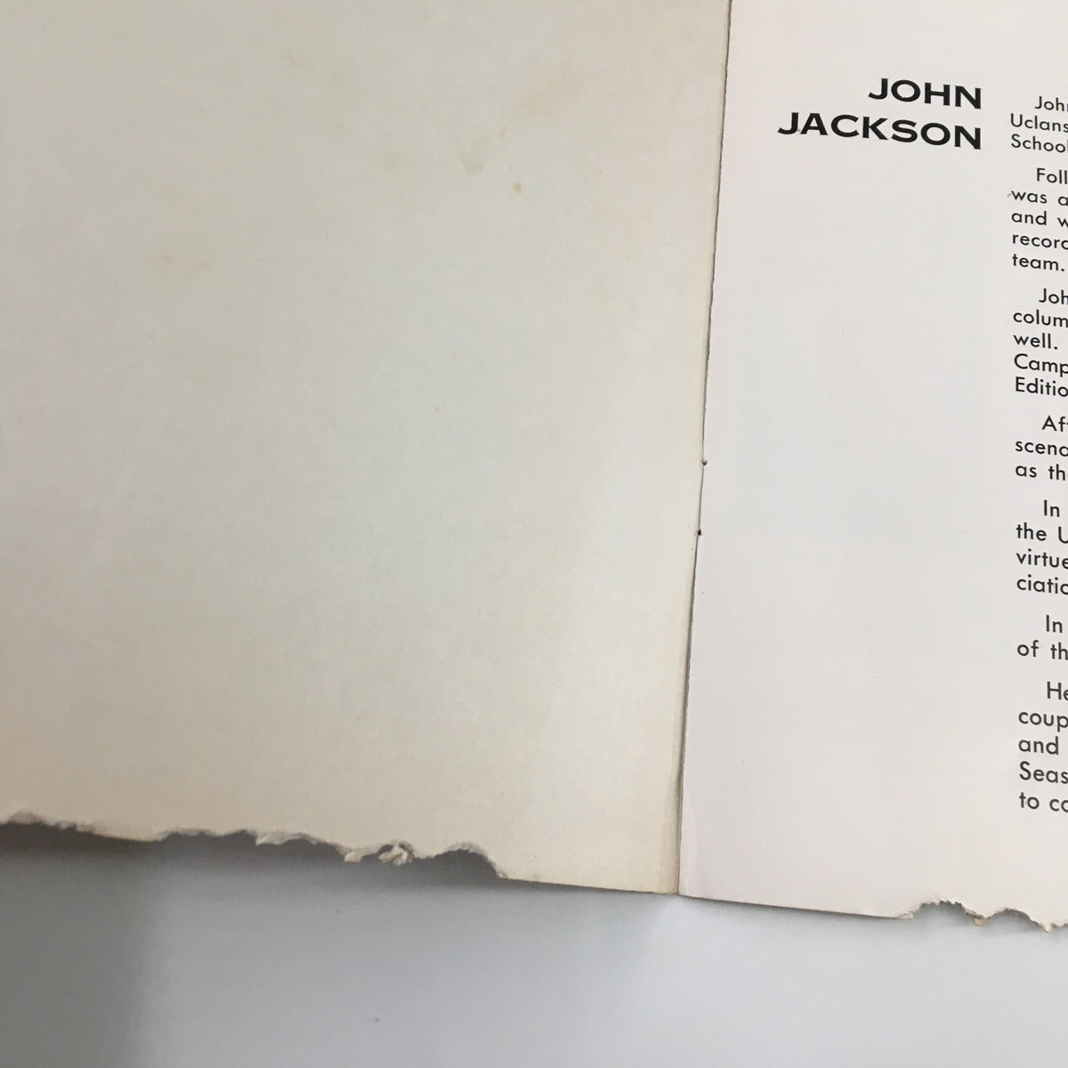 Inside page of the March 12, 1958 NCAA Basketball UCLA Bruins 39th Annual Basketball Banquet magazine featuring the name 'John Jackson'.