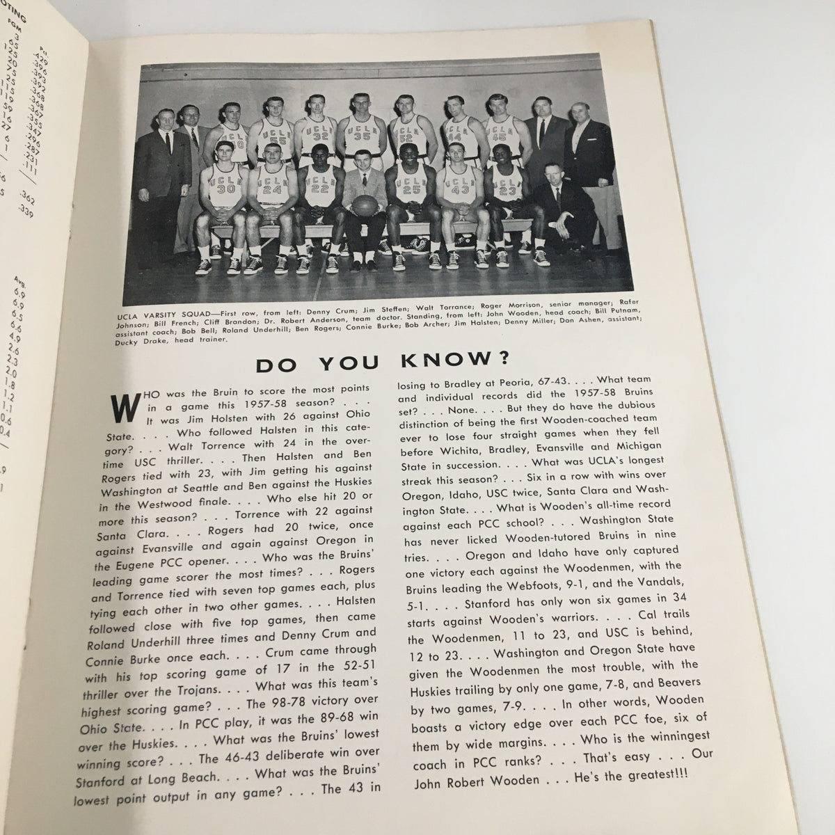 Photograph of the UCLA varsity basketball squad featured in the March 12, 1958 NCAA Basketball UCLA Bruins 39th Annual Basketball Banquet magazine.