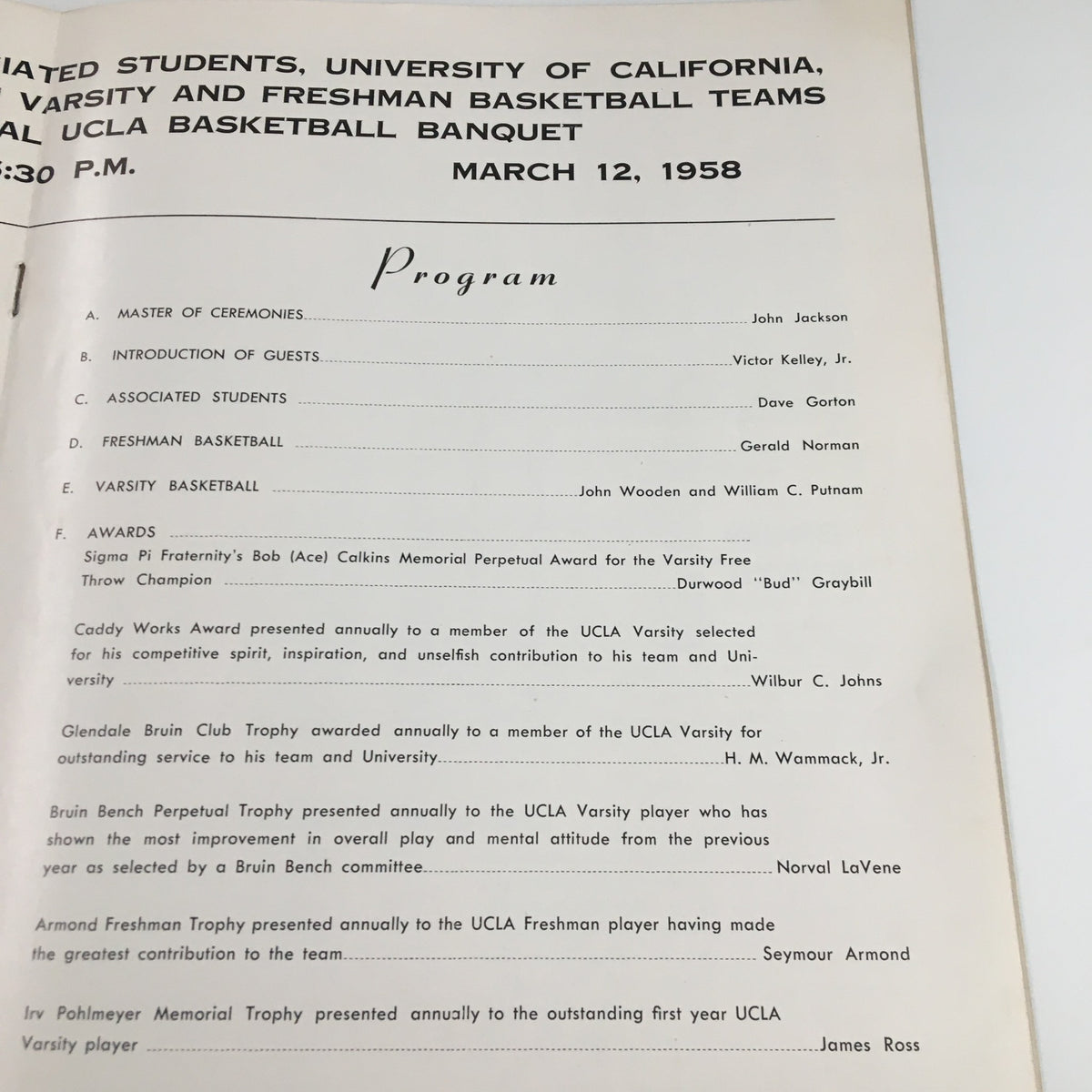 Program outline from the March 12, 1958 NCAA Basketball UCLA Bruins 39th Annual Basketball Banquet listing the event's schedule and speakers.
