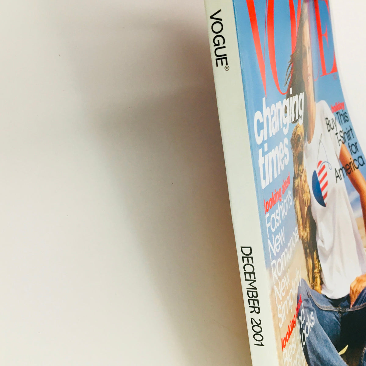 Side view of Vogue Magazine December 2001 displaying the cover title and publication date, featuring Brazilian model Gisele Bündchen.