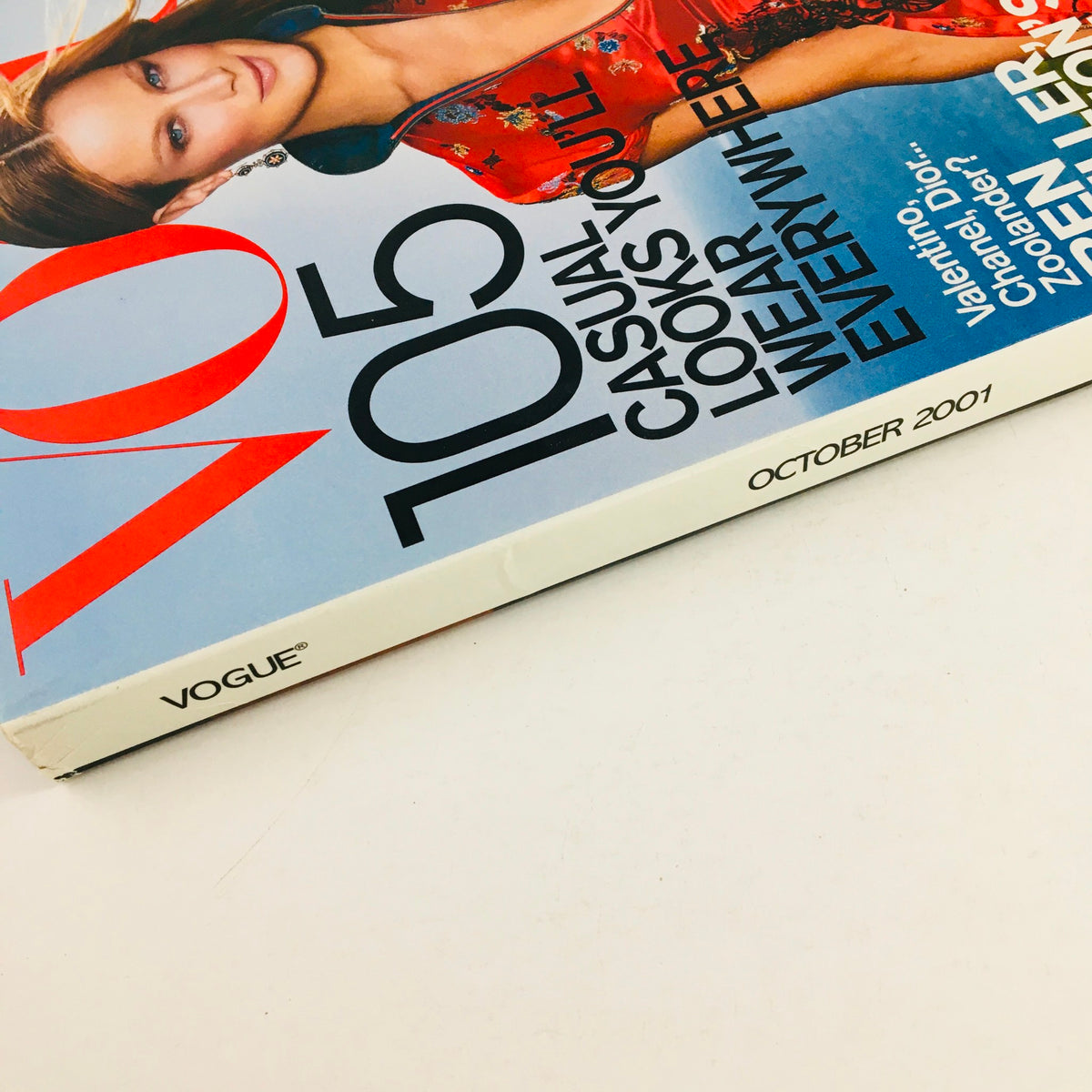 Vogue Magazine October 2001 spine view, highlighting the title and date, capturing the essence of the era's fashion trends.