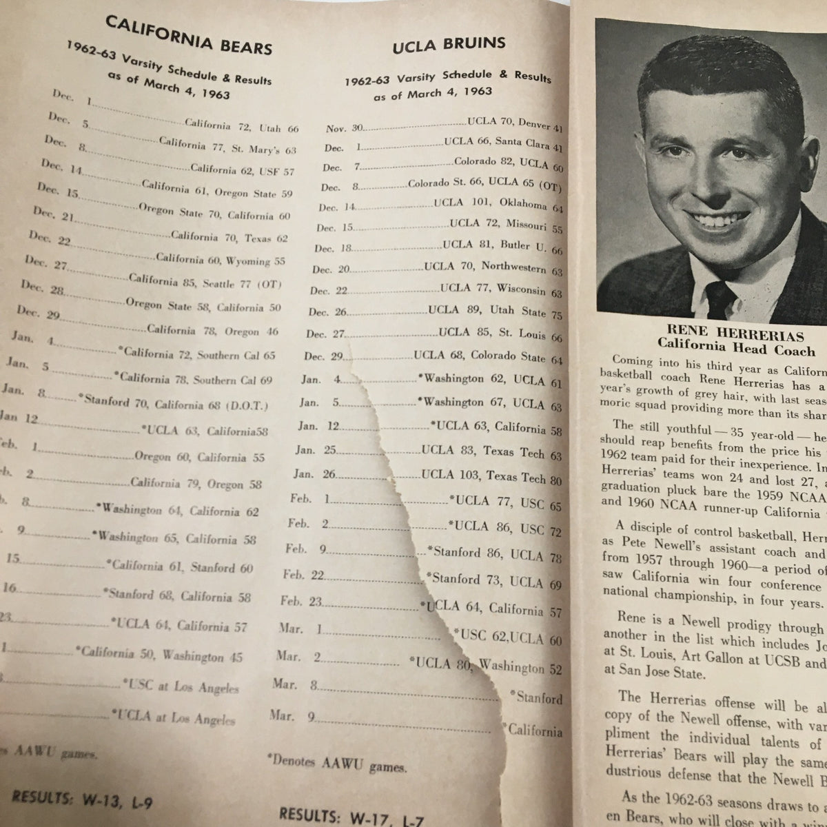 Interior page of the March 9 1963 NCAA Basketball California vs UCLA The Hoop Official Program featuring a biography of coach Rene Herrerias.