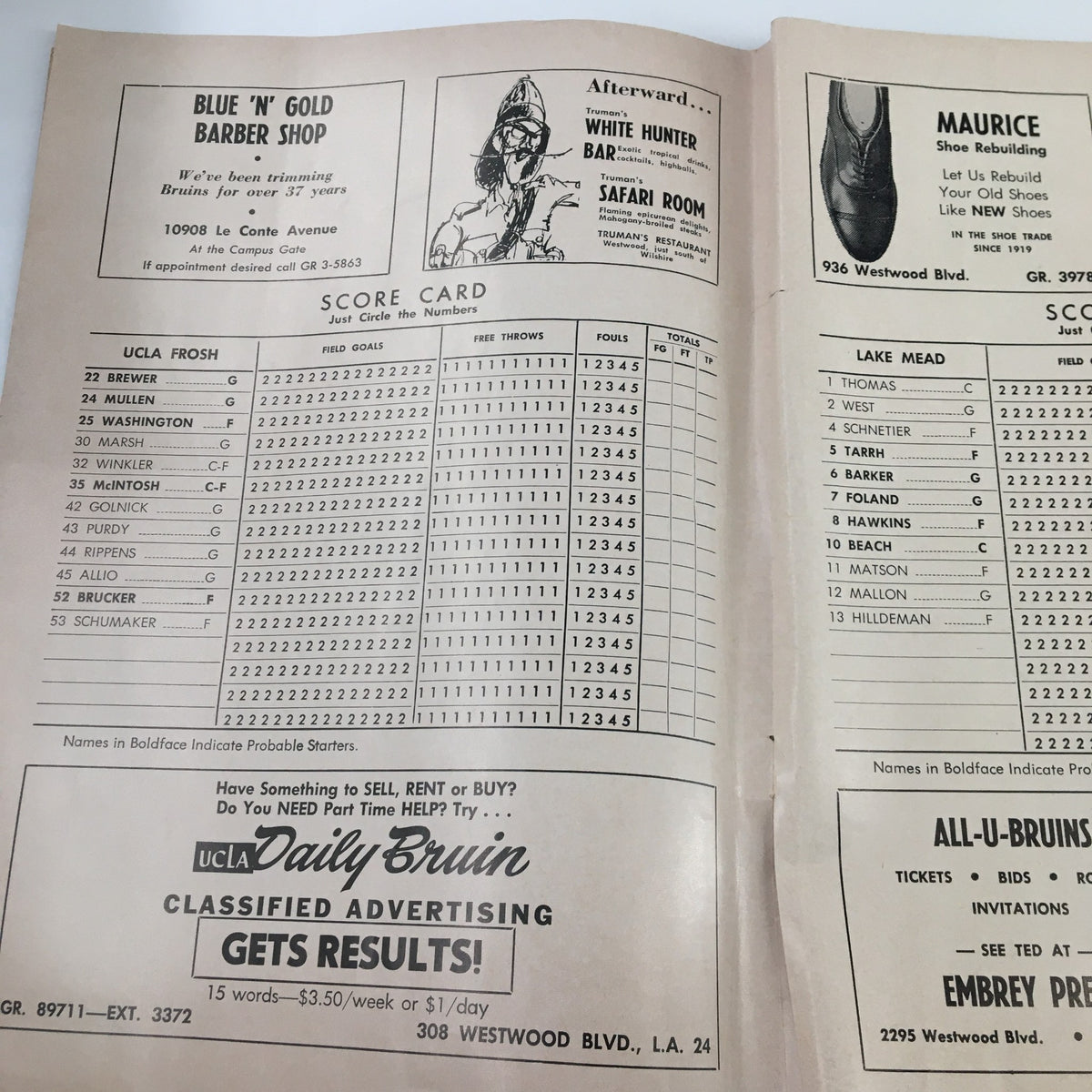 Scorecard and advertisement page from the March 9 1963 NCAA Basketball official program between California and UCLA.