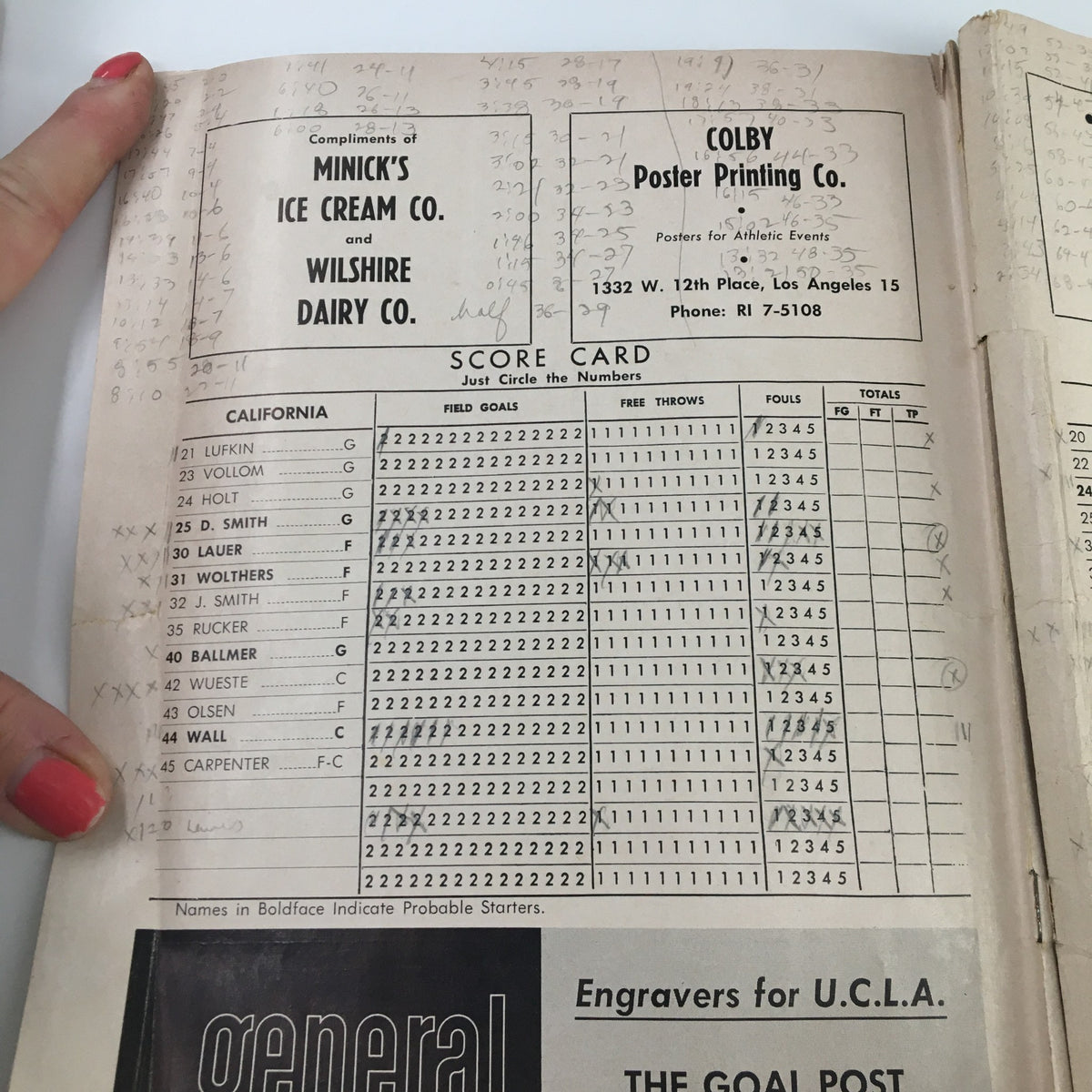 Score card page with player statistics from California in the March 9 1963 NCAA Basketball official program against UCLA.