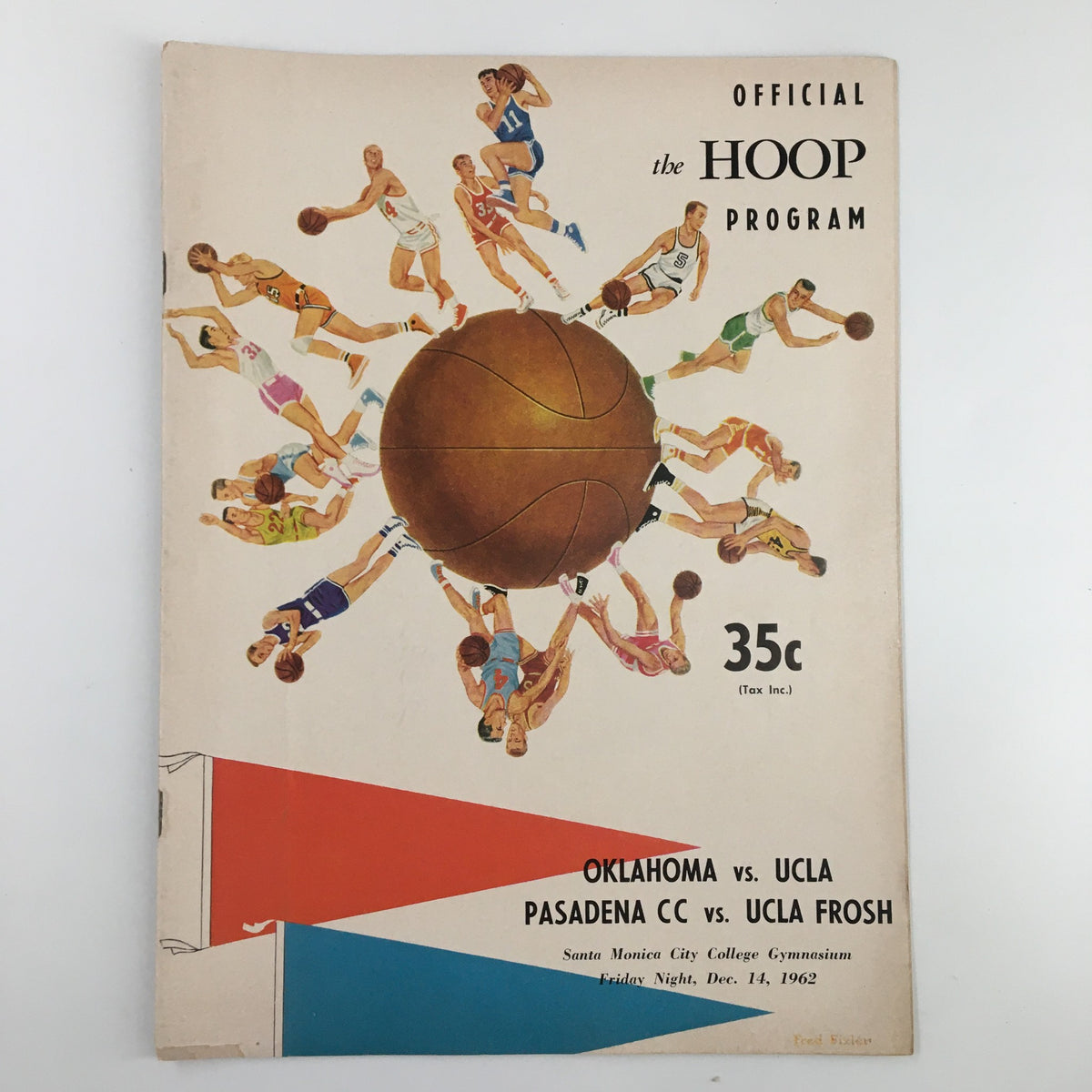 Official program for the December 14, 1962 NCAA Basketball game between Oklahoma and UCLA, featuring a dynamic illustration of players and a large basketball on the cover.