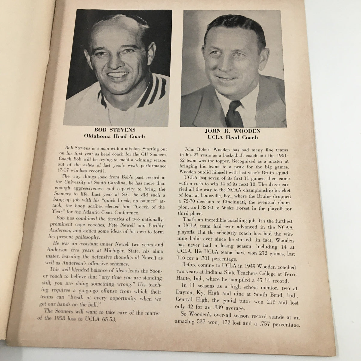 Inside page of the December 14, 1962 NCAA Basketball official program showcasing profiles of Coaches Bob Stevens of Oklahoma and John Wooden of UCLA, highlighting their coaching careers.