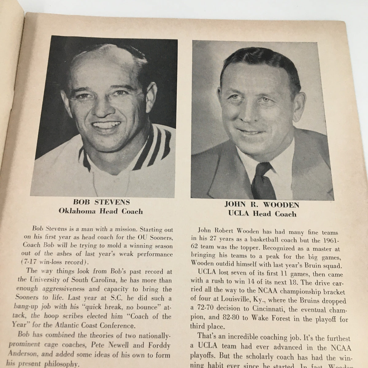 Portraits of Bob Stevens, Oklahoma Head Coach, and John R. Wooden, UCLA Head Coach, from the December 14 1962 NCAA Basketball Oklahoma vs UCLA Official Program.