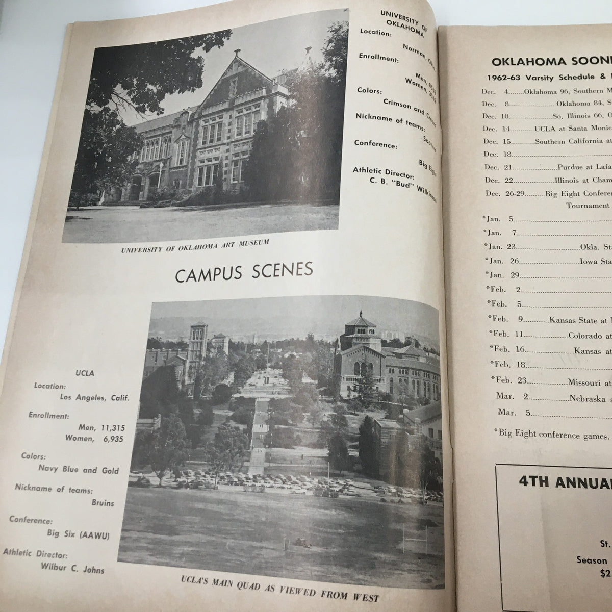 Campus scenes at UCLA and University of Oklahoma featured in the December 14 1962 NCAA Basketball Oklahoma vs UCLA Official Program.