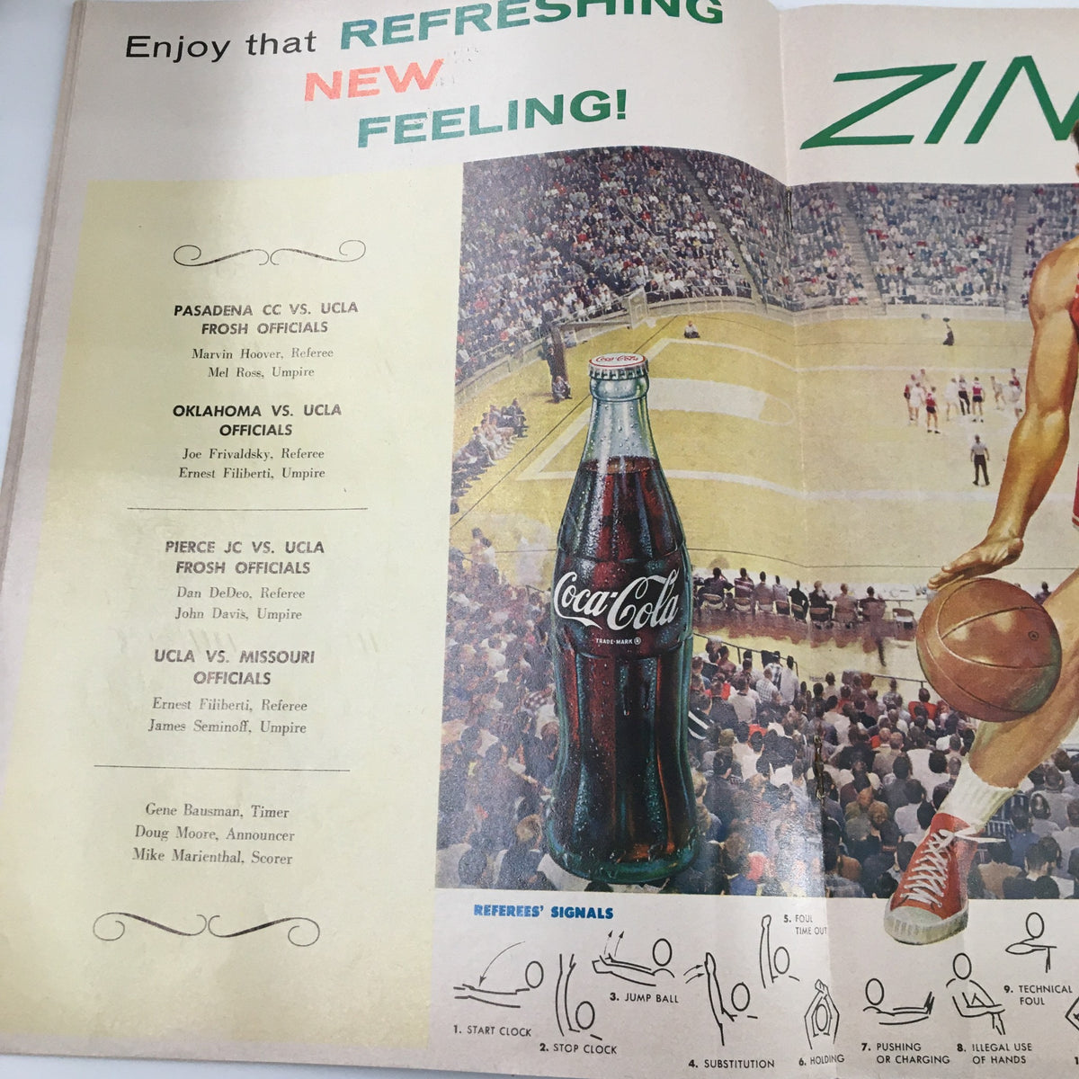 Coca-Cola advertisement and official officials listed for the game in the December 14 1962 NCAA Basketball Oklahoma vs UCLA Official Program.