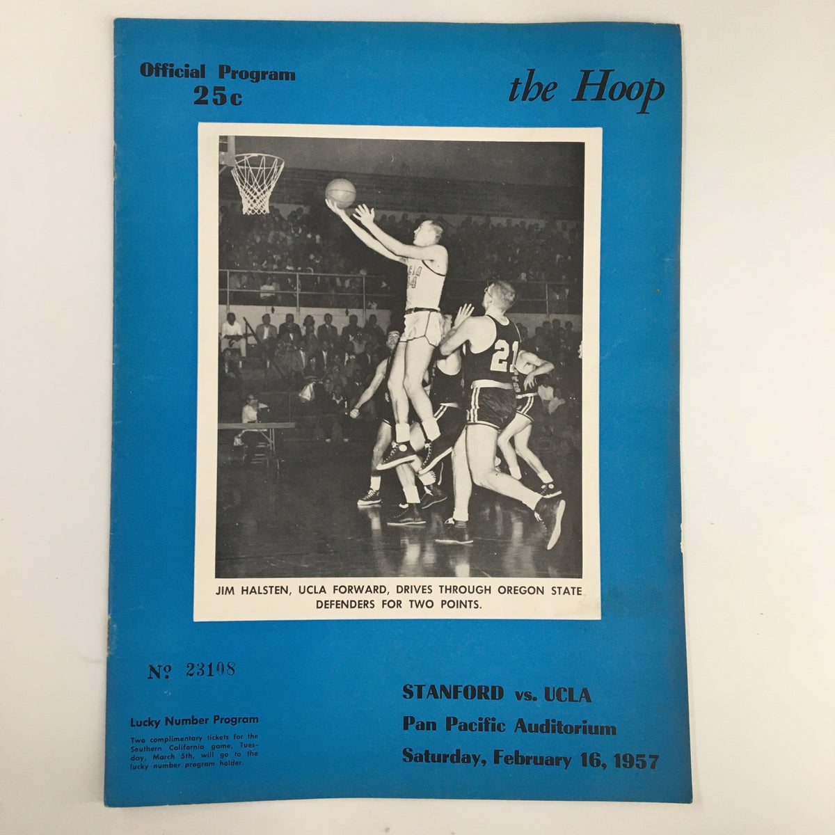 February 16 1967 NCAA Basketball Stanford vs UCLA Official Program cover featuring a player, Jim Haisten of UCLA, driving through defenders at the Pan Pacific Auditorium.