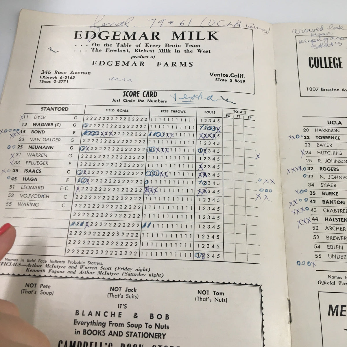 February 16 1967 NCAA Basketball Stanford vs UCLA Official Program scorecard for Stanford, detailing player stats and records for the matchup.