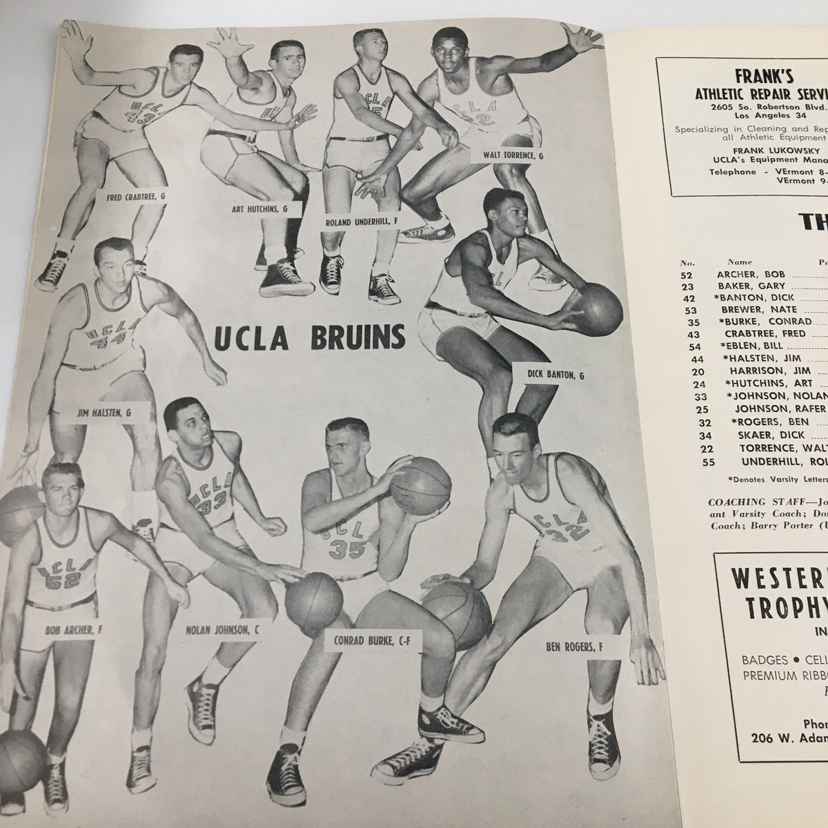 UCLA Bruins players from the February 16, 1967 NCAA Basketball Stanford vs UCLA Official Program, featuring Fred Krumme, Art Williams, and more.