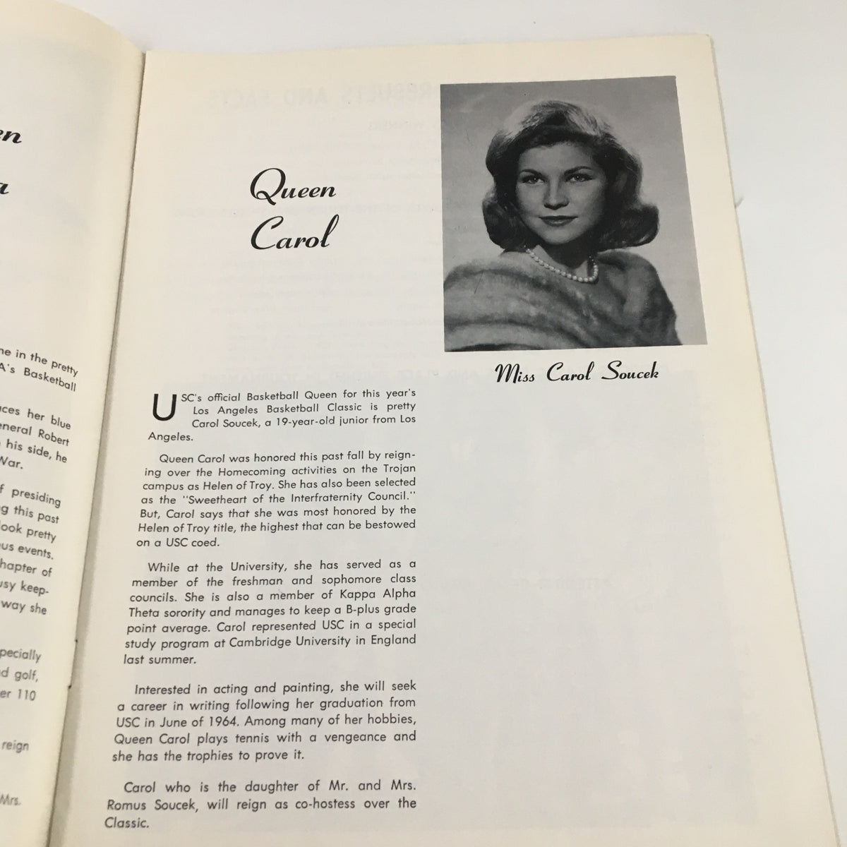 Interior page of the December 26 1962 NCAA Utah State vs UCLA Basketball Classic Official Program, showcasing a photo of Miss Carol Souch, USC's official Basketball Queen, along with her biography.