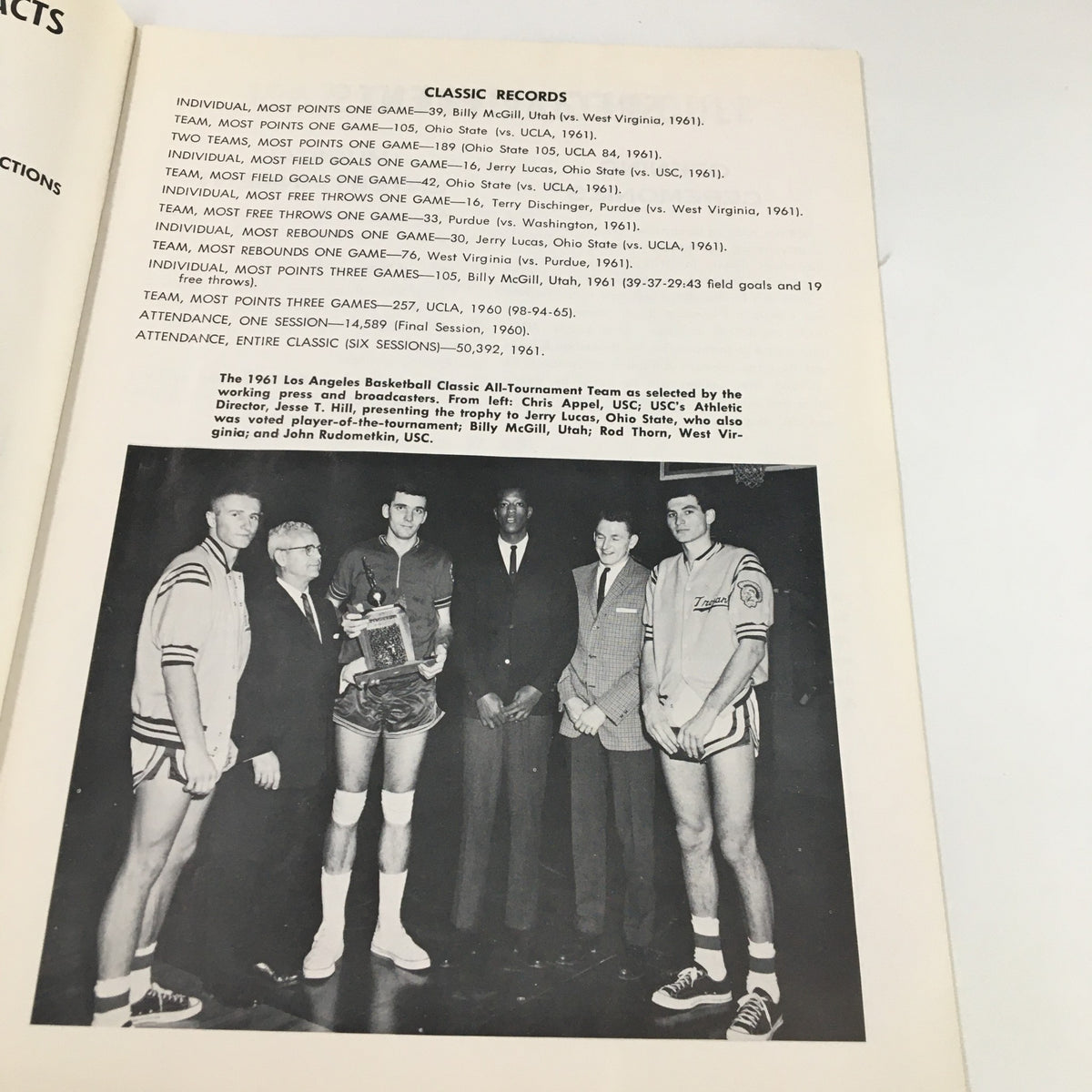 Image showing individuals associated with NCAA basketball records from the December 26 1962 NCAA Utah State vs UCLA Basketball Classic Official Program, including players and officials.