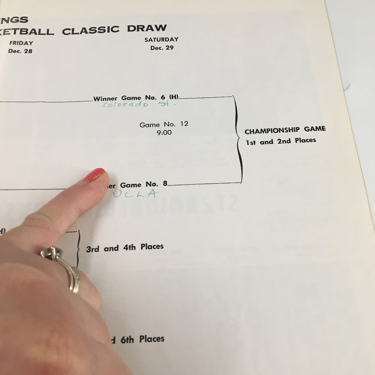 Championship game draw and schedule from the December 26 1962 NCAA Utah State vs UCLA Basketball Classic Official Program.