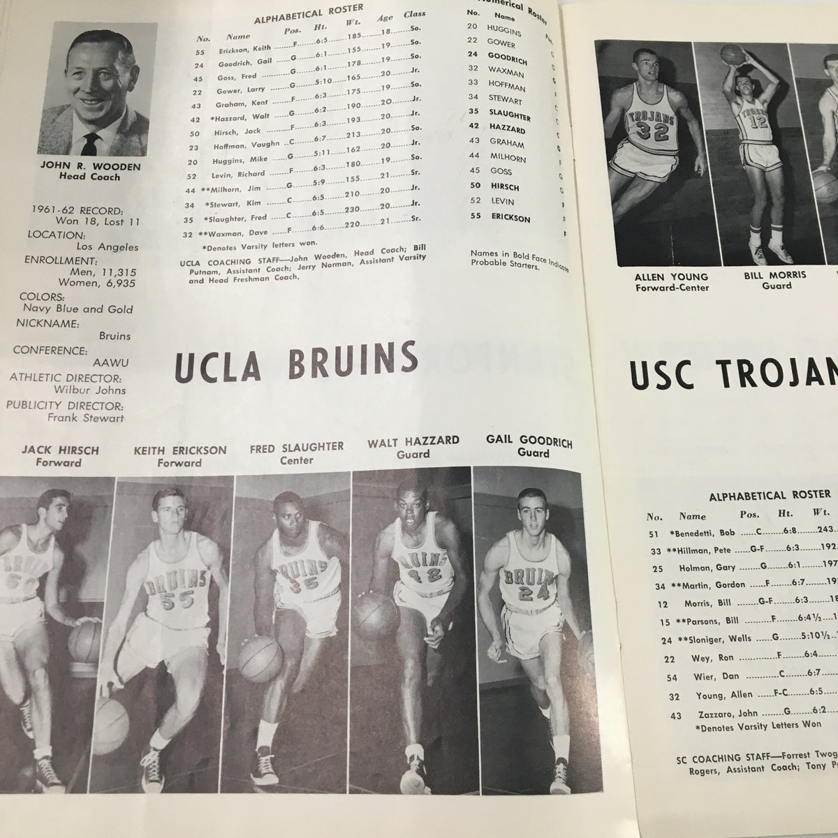 Roster page featuring the UCLA Bruins team details from the December 26 1962 NCAA Utah State vs UCLA Basketball Classic Official Program.