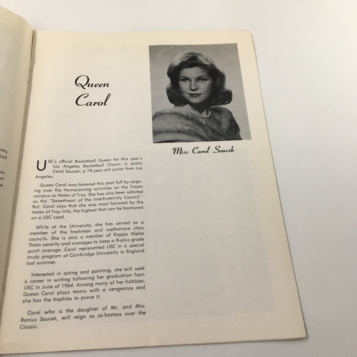 Inside page of the December 26 1962 NCAA St. Louis vs UCLA Basketball Classic Official Program, featuring profile of Queen Carol, the event's Basketball Queen.