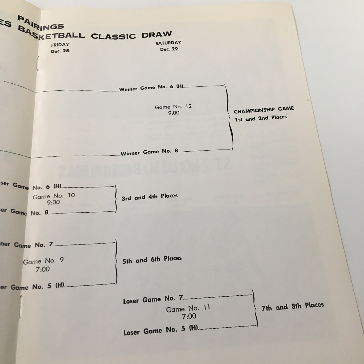 Continuation of the bracket page from the December 26 1962 NCAA St. Louis vs UCLA Basketball Classic Official Program, showing championship game and placement games.