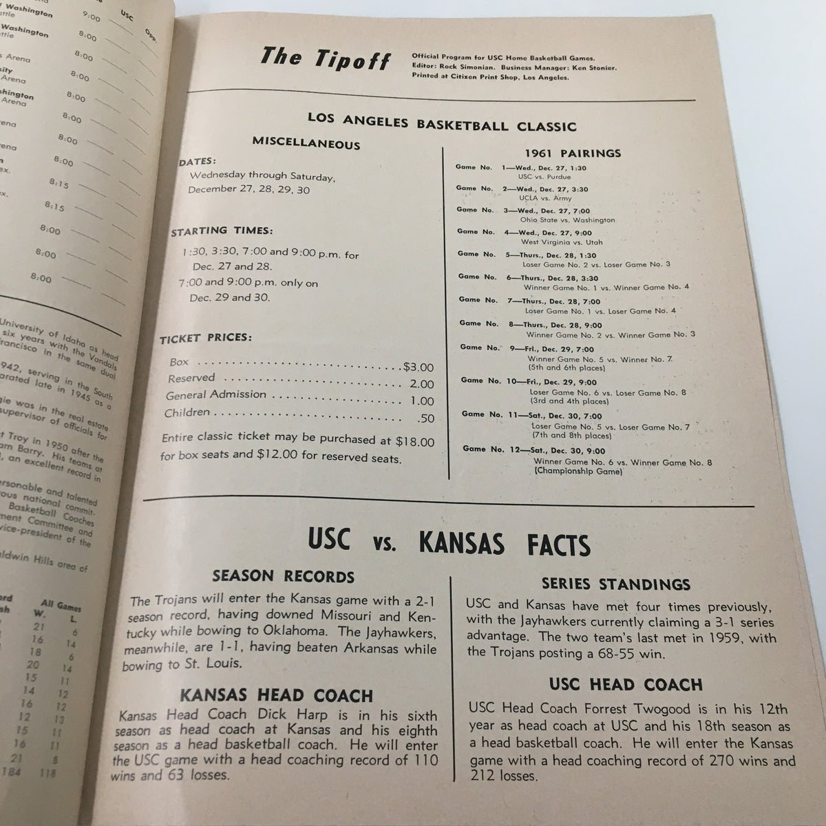 Inside page of the December 8, 1961 NCAA Basketball USC vs Kansas program containing details about the event, including pairings, ticket prices, and game statistics.