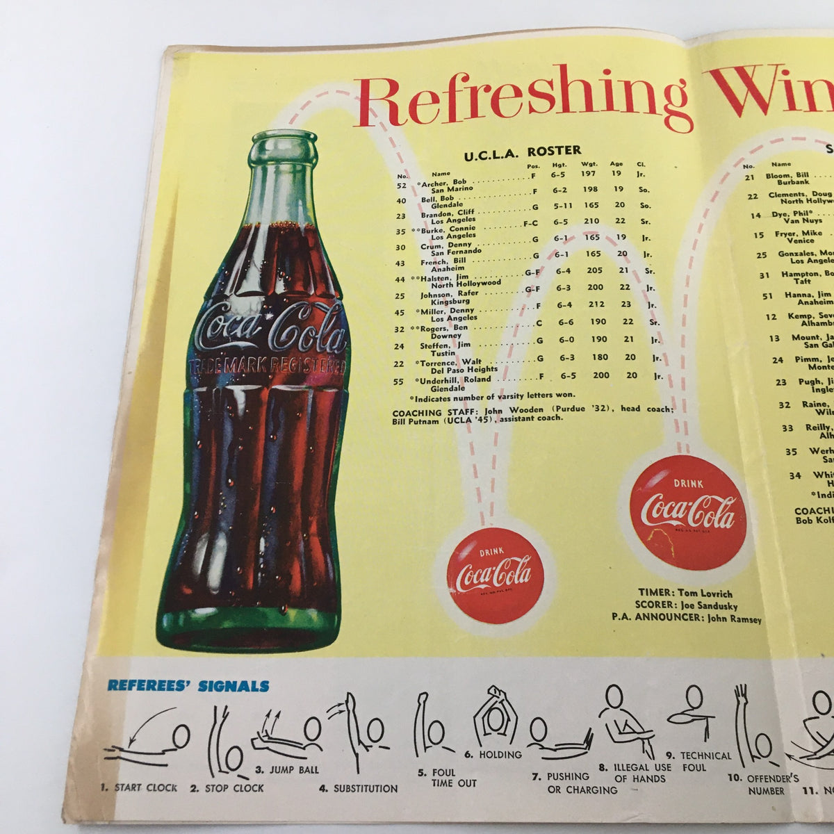 February 8 1961 NCAA Basketball UCLA vs California - UCLA Team Roster with Coca-Cola advertisement and referee signals.