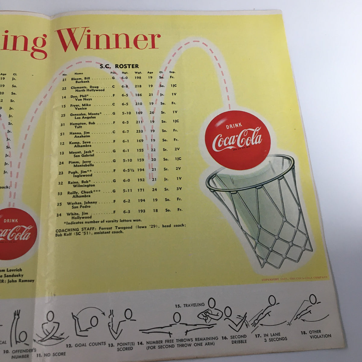 February 8 1961 NCAA Basketball UCLA vs California - USC Team Roster with Coca-Cola advertisement and referee signals.