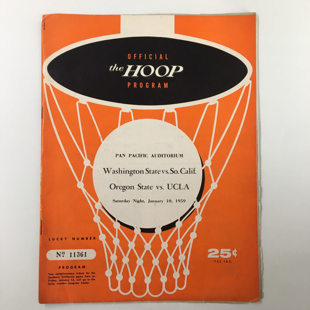 Official program from the January 10, 1959 NCAA Basketball game featuring Oregon State vs UCLA, showcasing a striking design with a basketball hoop graphic.