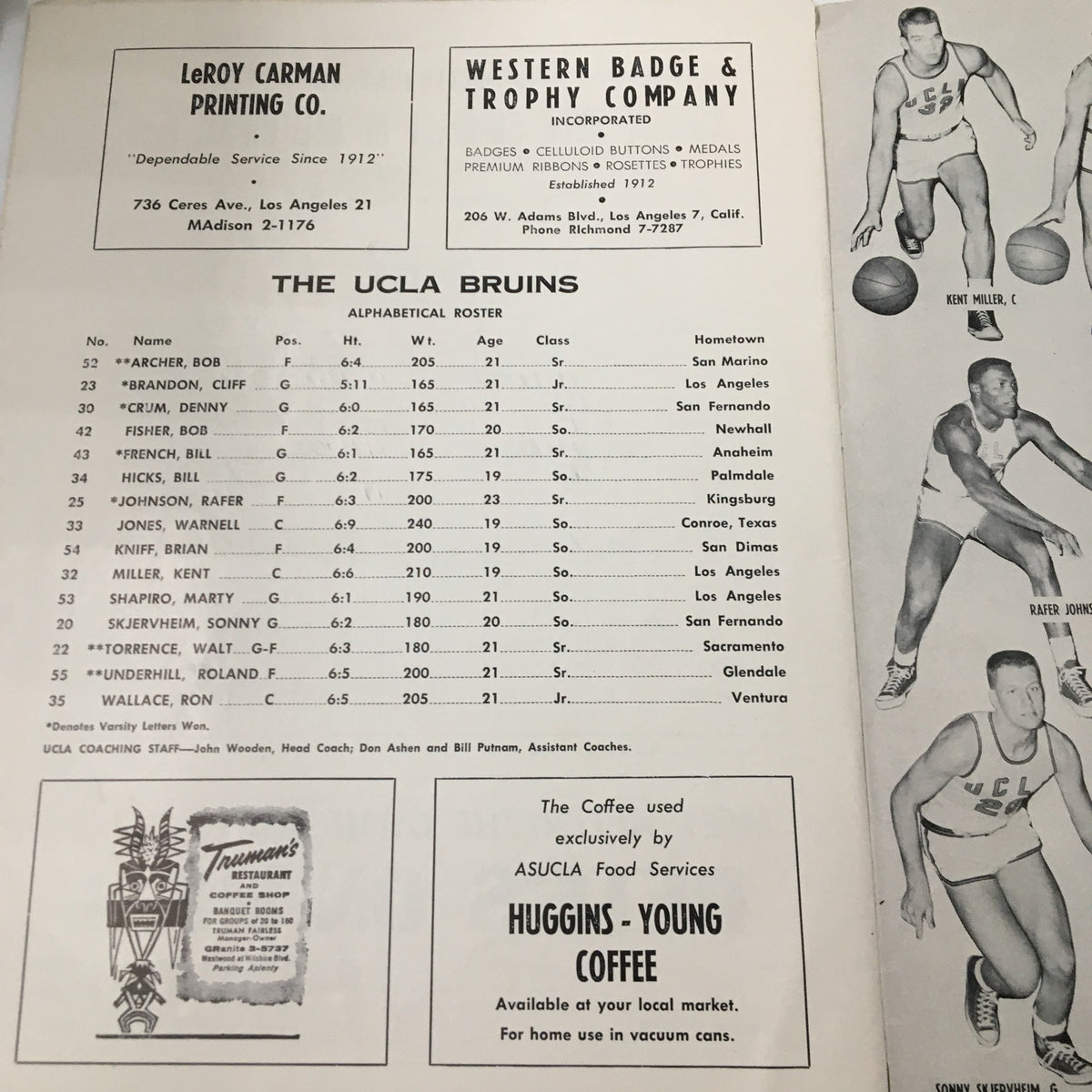 Interior page from the January 10 1959 NCAA Basketball Oregon State vs UCLA The Hoop Official Program, displaying the UCLA Bruins' roster in alphabetical order.