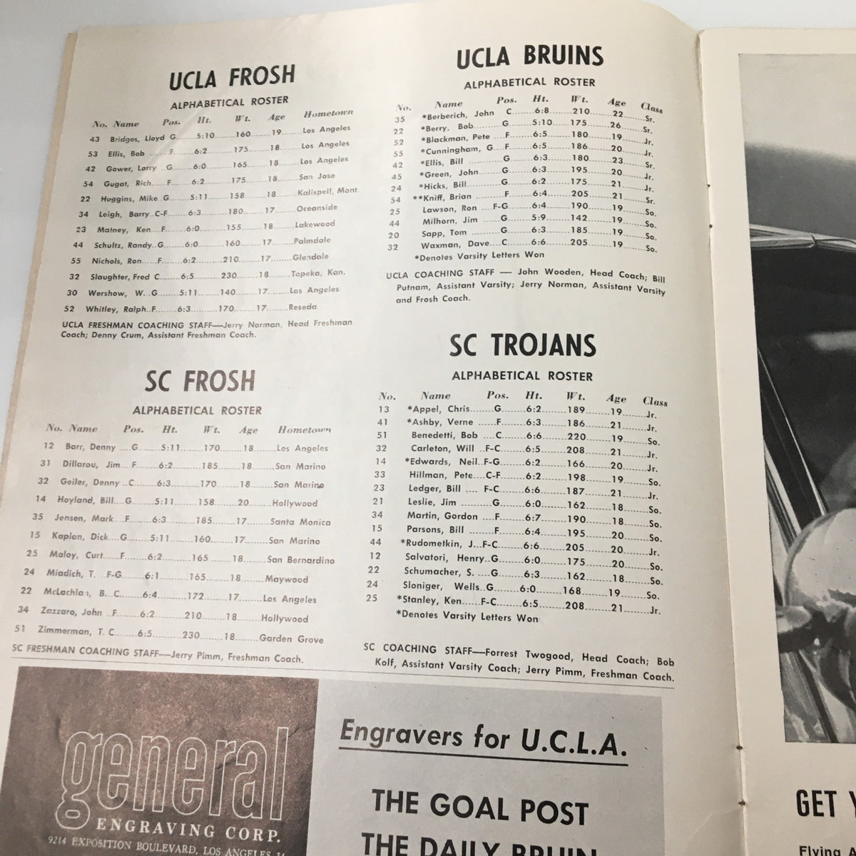 February 3 1961 NCAA Basketball SC vs UCLA Bruins Official Program - Roster pages showcasing the UCLA Bruins and SC Trojans player line-ups.