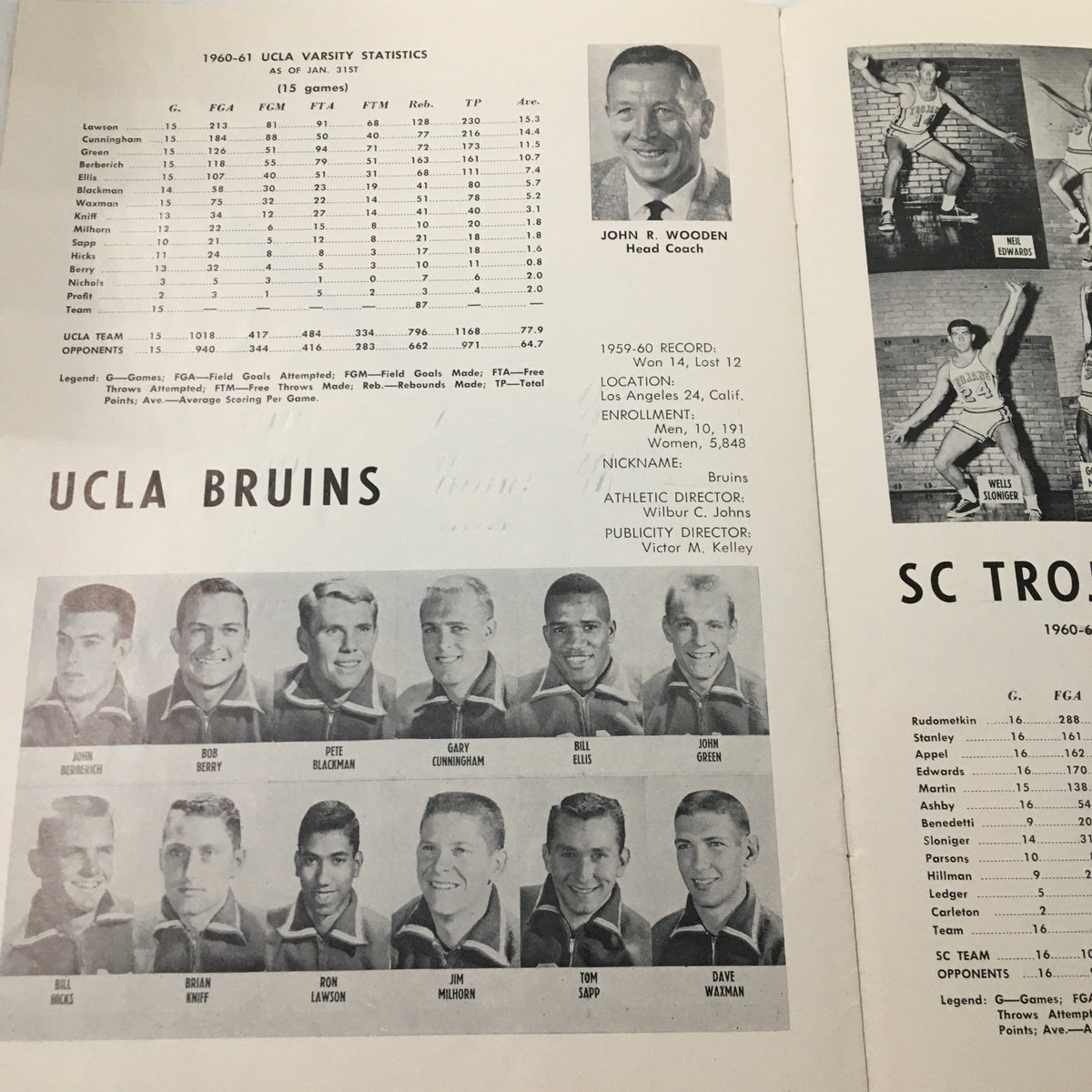 February 3 1961 NCAA Basketball SC vs UCLA Bruins Official Program - Page displaying the UCLA Bruins' statistics and college team head coach John R. Wooden.