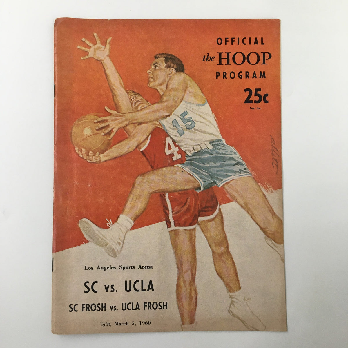 Cover of the March 5 1960 NCAA Basketball SC vs UCLA The Hoop Official Program featuring a graphic illustration of players in action, showcasing the iconic rivalry between USC and UCLA.