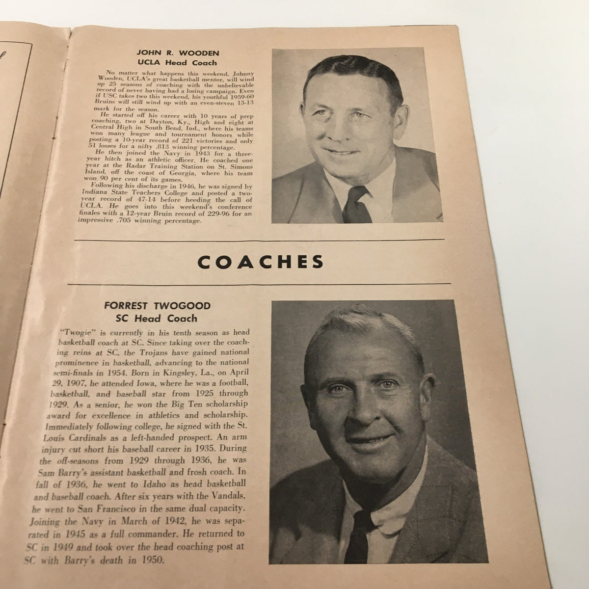 Profile page from the March 5 1960 NCAA Basketball SC vs UCLA The Hoop Official Program featuring John R. Wooden, the UCLA Head Coach, and Forrest Twogood, the SC Head Coach.