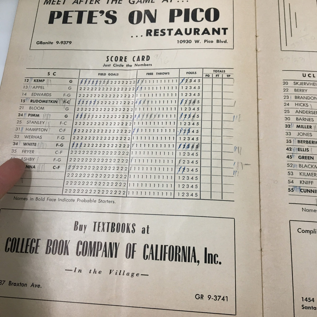 Scorecard from the March 5 1960 NCAA Basketball SC vs UCLA The Hoop Official Program, detailing player statistics and scoring information.