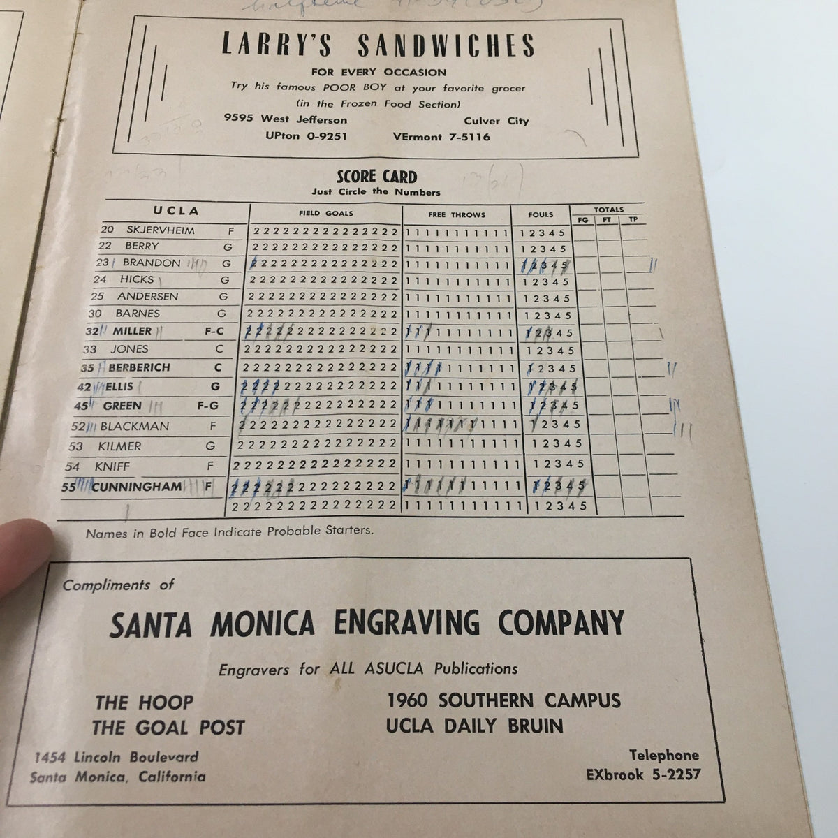 Scorecard from Larry's Sandwiches listing player statistics for UCLA, featured in the March 5 1960 NCAA Basketball SC vs UCLA The Hoop Official Program.