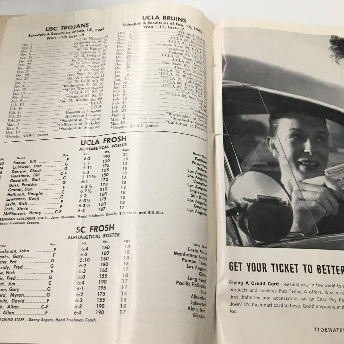 February 17 1962 NCAA Basketball SC vs UCLA Bruins The Hoop Official Program interior page listing the rosters for USC Trojans and UCLA Bruins.